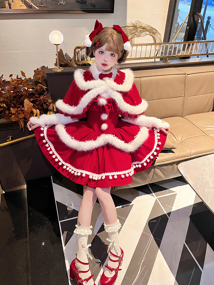 Christmas Red Princess Basque Waist Jumper Skirt with Festive White Plush Trim