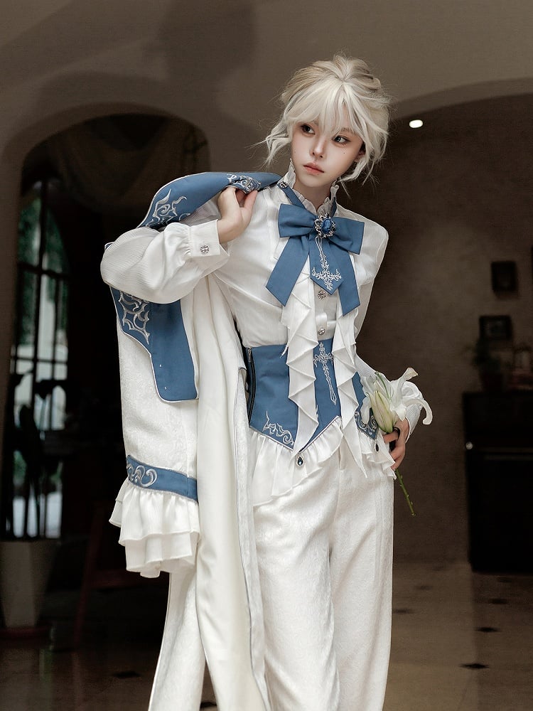 Belt+Pants Coat+Shirt+Corset Pieces Split-Tail Four Ouji Set-BlueWhite Lolita Prince