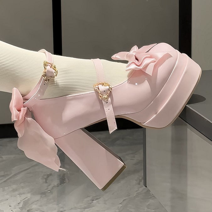 Top Heels Toe Bow at Pink Round High Block Sweet Platform Light Lolita Design with