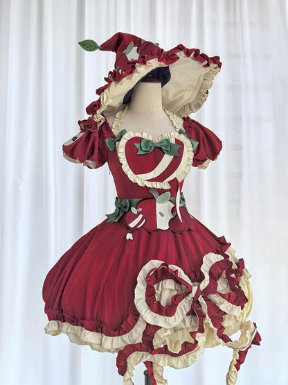 Red Ruffled Sweet Lolita Fluffy OP Dress Full Set