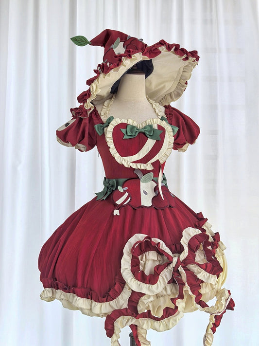 Red Ruffled Sweet Lolita Fluffy OP Dress Full Set