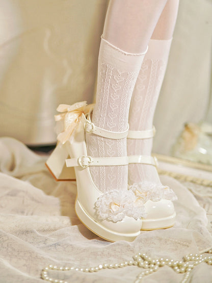 Buckles Trim Heart White Heels Bow at Lace High Top Knotted Block