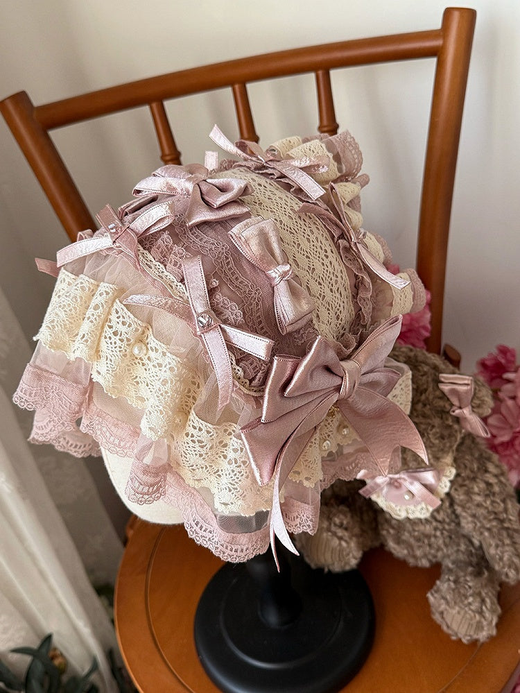 Detail Hat Beige with Sweet Pink Lolita Lace-Trimmed Bow
