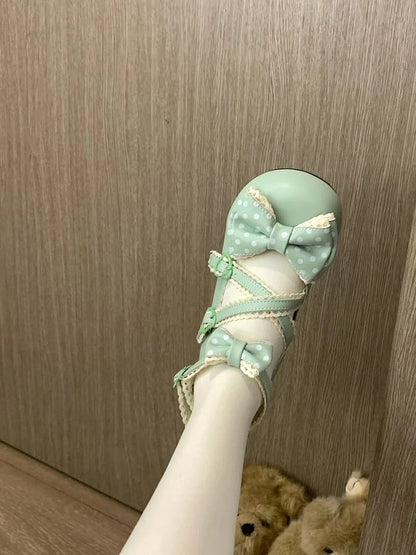 Edging Snap 2.5cm Shoes Green Lace Sweet Lolita Heeled Grass with Heart Design