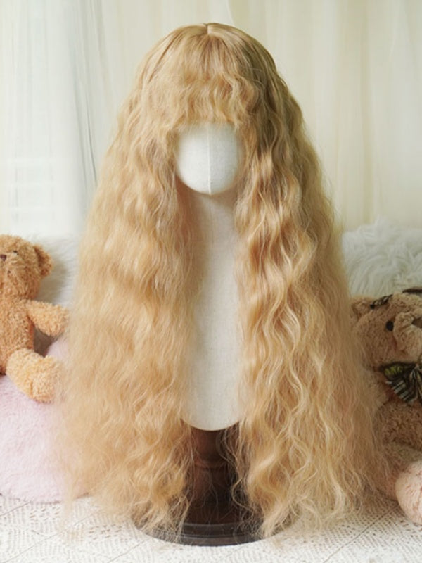 Schwarz/Karamell/Blond/Hellblond, hüftlange, gewellte Perücke mit lockigem Pony