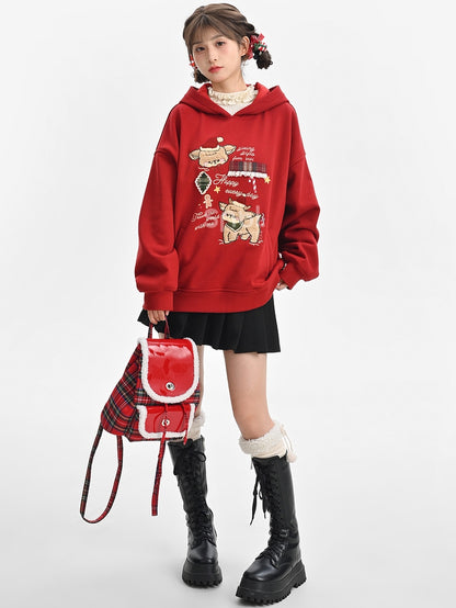 Christmas Red Cute Reindeer Appliques Thick Hoodie
