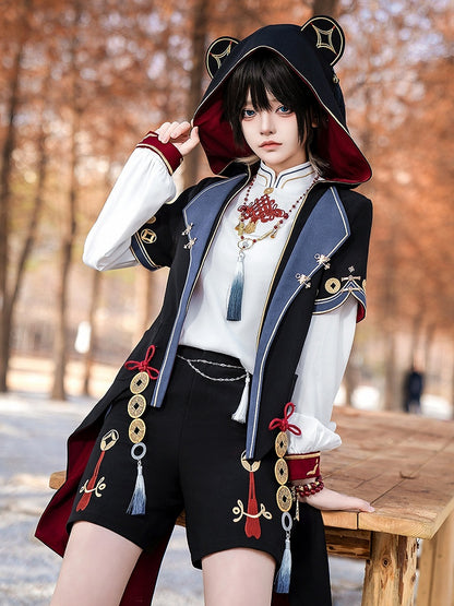 Black Ouji Fashion Chinoiserie Copper Coins Panda Ears Hooded Coat