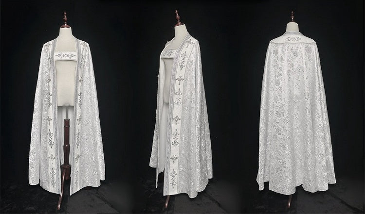 Embroidery Silver Cross Lolita Decorated Details Nun White and Cloak