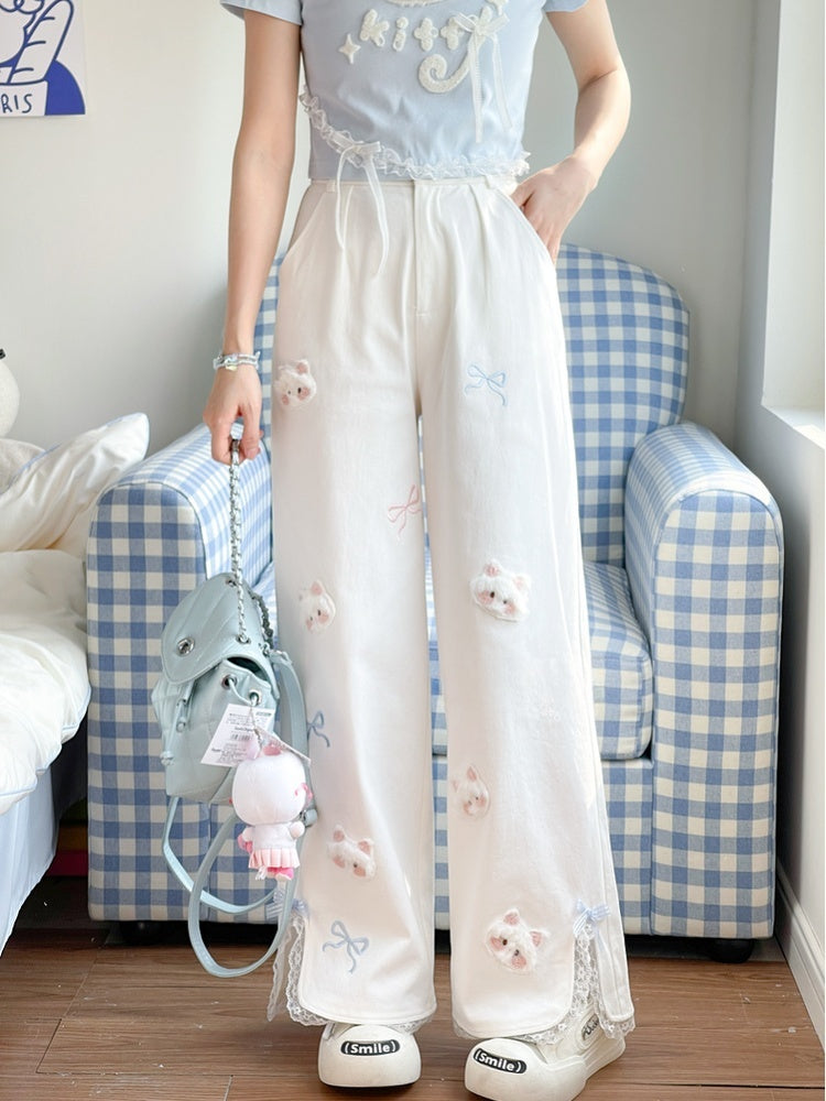 White Straight-Leg Pants Plush Kitty Appliques Bow Embroidery Regular/Short Version