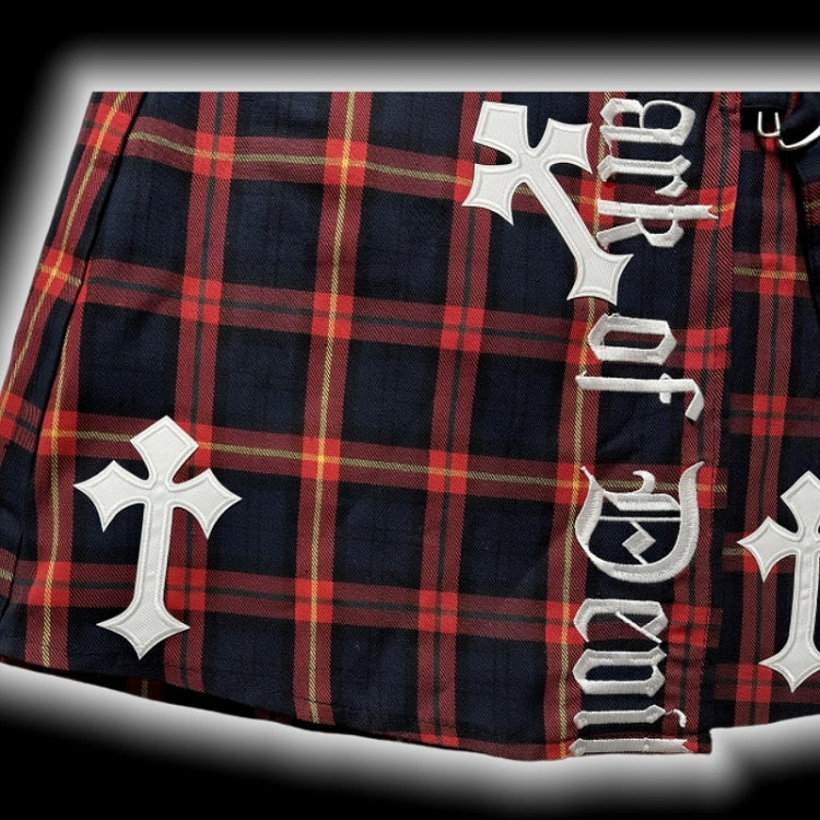 Glamorous Red  Black Plaid Cross Appliques Skirt Y2K