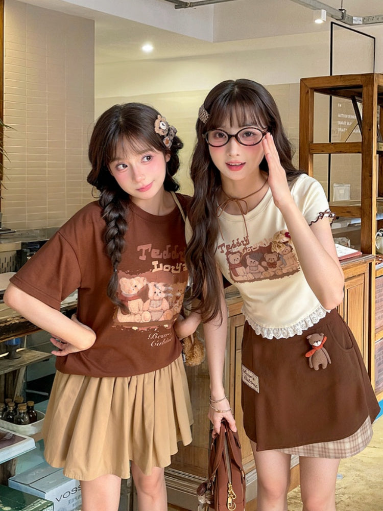 Teddy Bear Print Lettuce Cuffs Vintage Lace Hem Apricot T-shirt