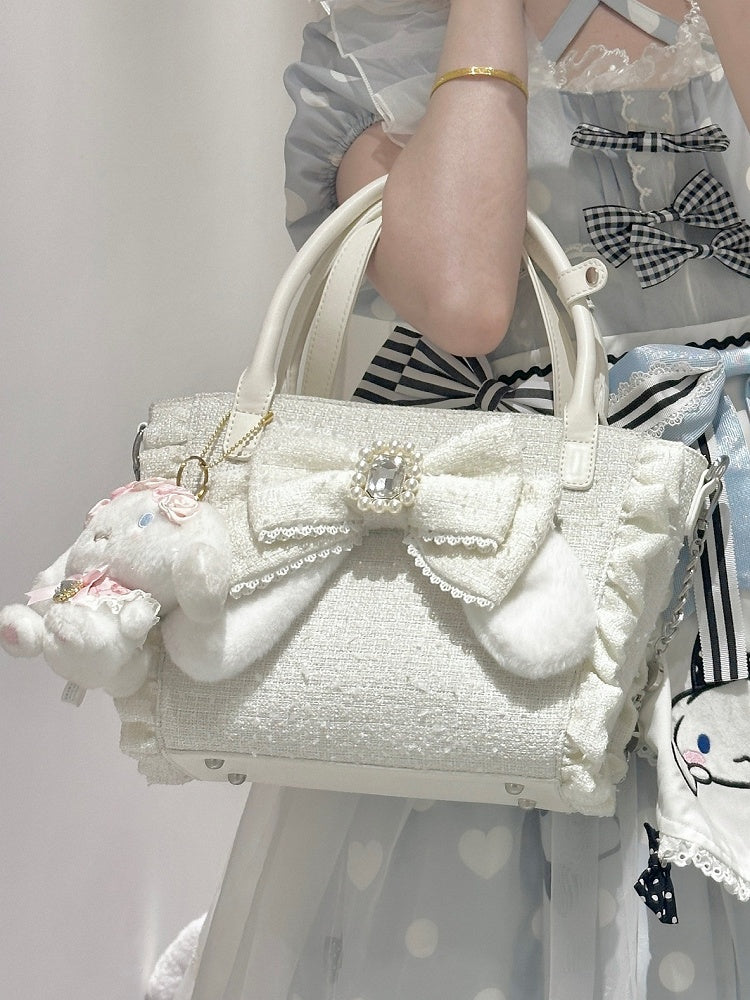 Lolita with And Bunny Charm Bow in Rhinestone Beaded - White Trim Ear Elegant Heart Triple-Carry Handbag Plush Ruffles