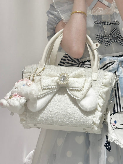 Lolita with And Bunny Charm Bow in Rhinestone Beaded - White Trim Ear Elegant Heart Triple-Carry Handbag Plush Ruffles