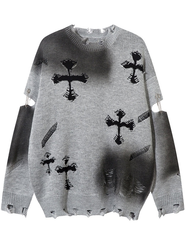 Y2K ブラック/グレー クロスシェイプ ダメージ加工 ホールズ ラウンドネック セーター