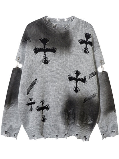Y2K ブラック/グレー クロスシェイプ ダメージ加工 ホールズ ラウンドネック セーター