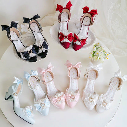Lolita Lace Bow Pointed-Toe Heeled Sandals – Ballet Style Original Design