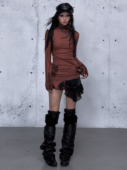 Jacquard Top with Brick Buckle Mock Accents Red Hem Neck Asymmetrical