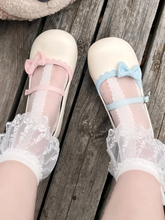 Beige Bow Sweet Flat Blue PU Accents Pink Mismatched Shoes