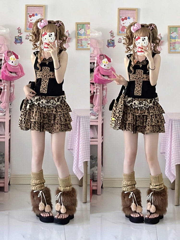 Y2K Stufenrock mit Leopardenmuster