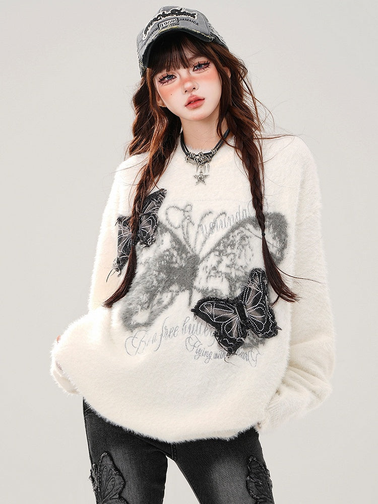 White Denim Butterfly Appliques Mohair Loose Sweater