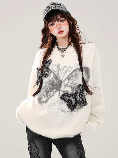 White Denim Butterfly Appliques Mohair Loose Sweater