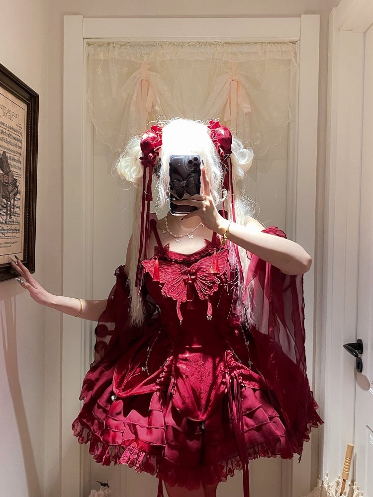 タッセル付きフェアリージャンパースリーブ、蝶のカスケード装飾スカート、赤いロリータフリル