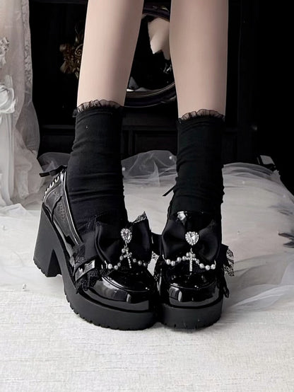 Black Kawaii Heart Crystal Shoes with Bow & Pearl Chain - Sarina