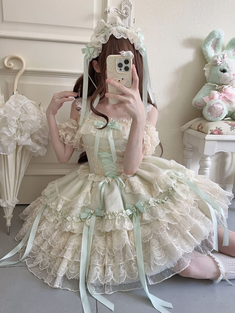 Bow Ballet-Style Details Multi-Layer Dress Cute Lace / JSK with + Ribbon Princess Train Large Green Skirt Only