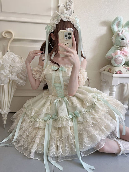 Bow Ballet-Style Details Multi-Layer Dress Cute Lace / JSK with + Ribbon Princess Train Large Green Skirt Only