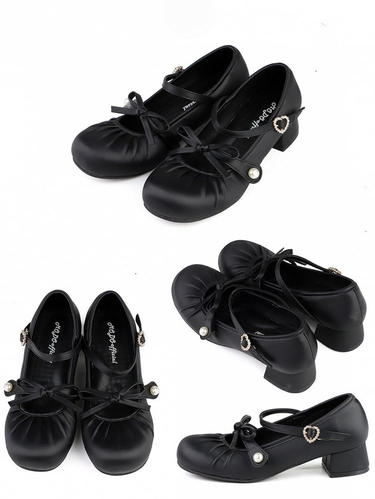 Low-heel Shoes Black Round Rhinestone - PU Buckle Bow Sweet Top Toe Knotted Heart at