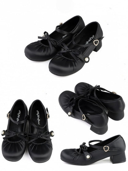 Low-heel Shoes Black Round Rhinestone - PU Buckle Bow Sweet Top Toe Knotted Heart at