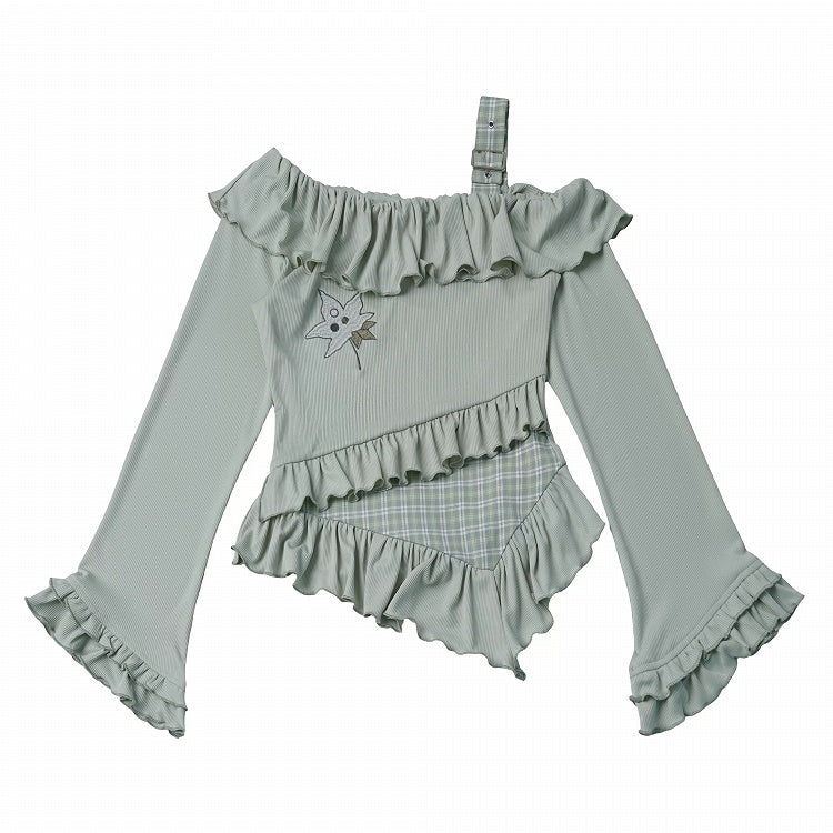 Light Green Asymmetrical Flare Sleeve Top with Ruffle and Leaf Embroidery - PINK SAVIOR