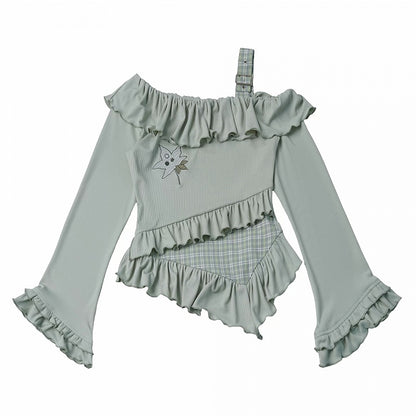 Light Green Asymmetrical Flare Sleeve Top with Ruffle and Leaf Embroidery - PINK SAVIOR