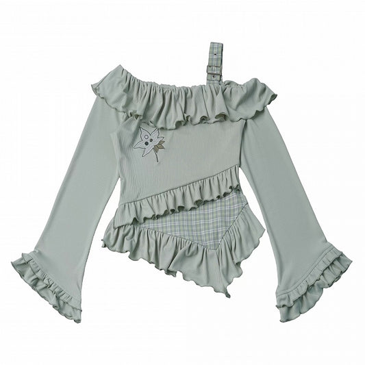 Light Green Asymmetrical Flare Sleeve Top with Ruffle and Leaf Embroidery - PINK SAVIOR