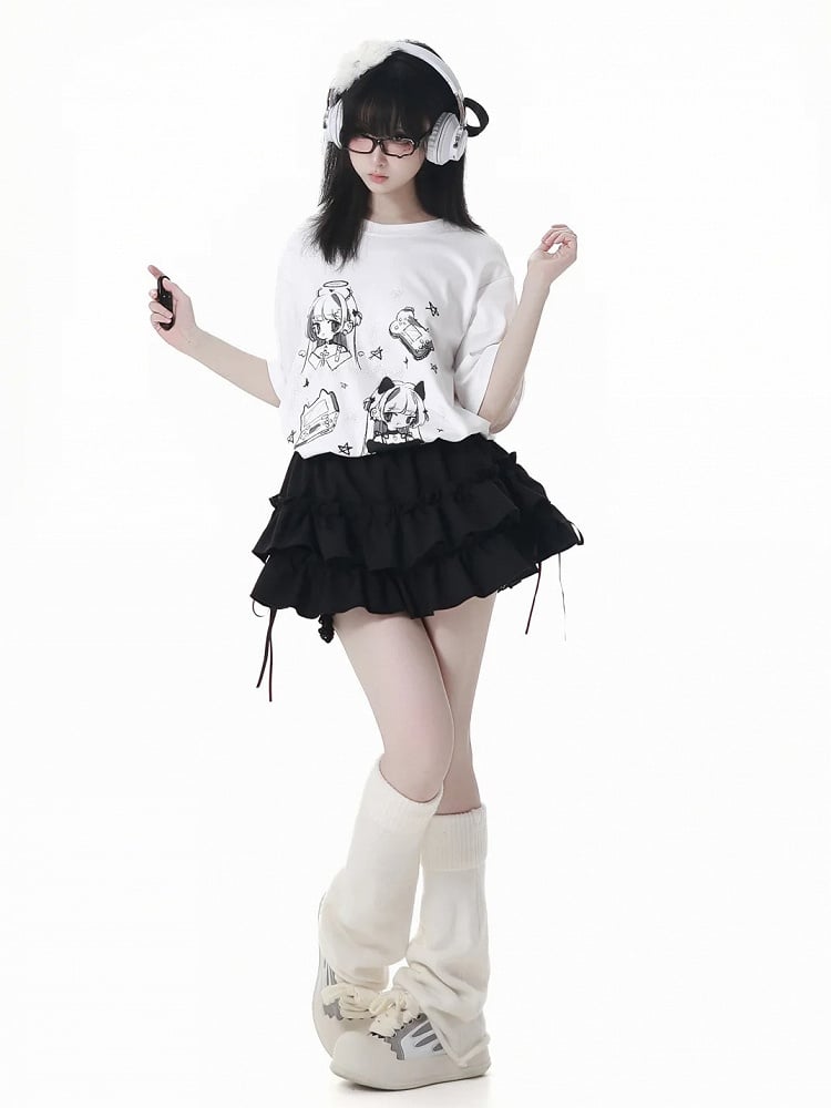 Gray T-shirt Anime Girl Print White/Dark Round Neck Cotton