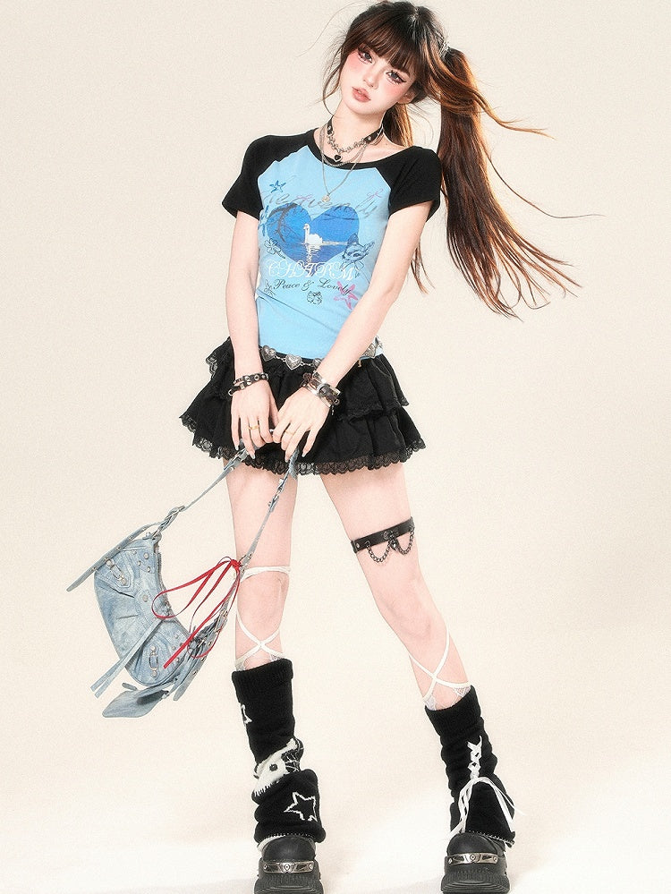 Print T-shirt Glamorous Bittersweet And Letter Animal Heart Blue