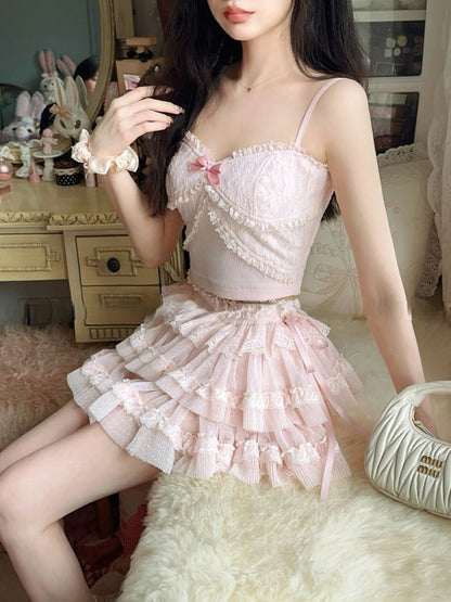 Adjustable Straps Cami Pink Embroidery  Floral Top With Lace