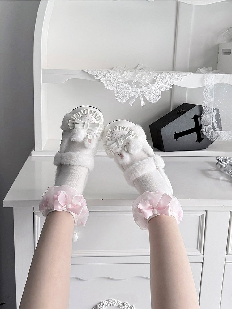 Fluffy Fur Heart-Adorned Winter Bunny Lolita Footwear - Cute Bunny