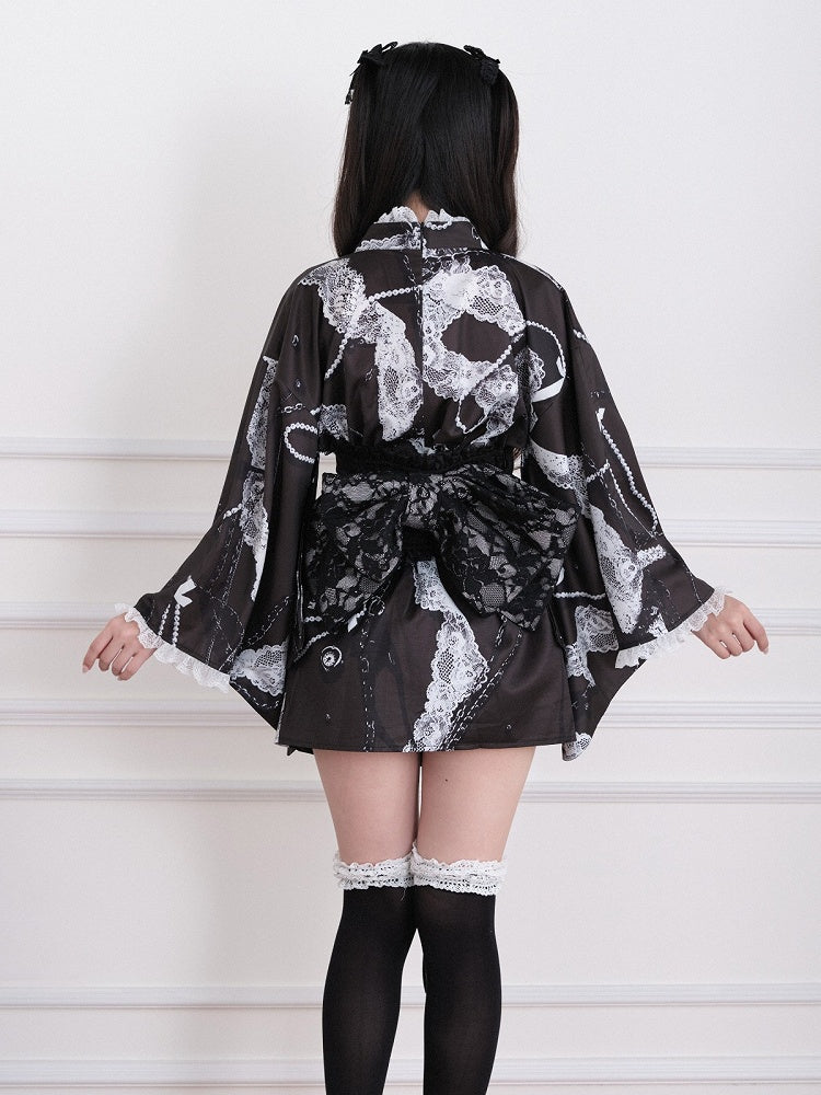 Black Yukata-Inspired Jirai Kei Lace Print Cross Collar Top with Lace Details - No Genki