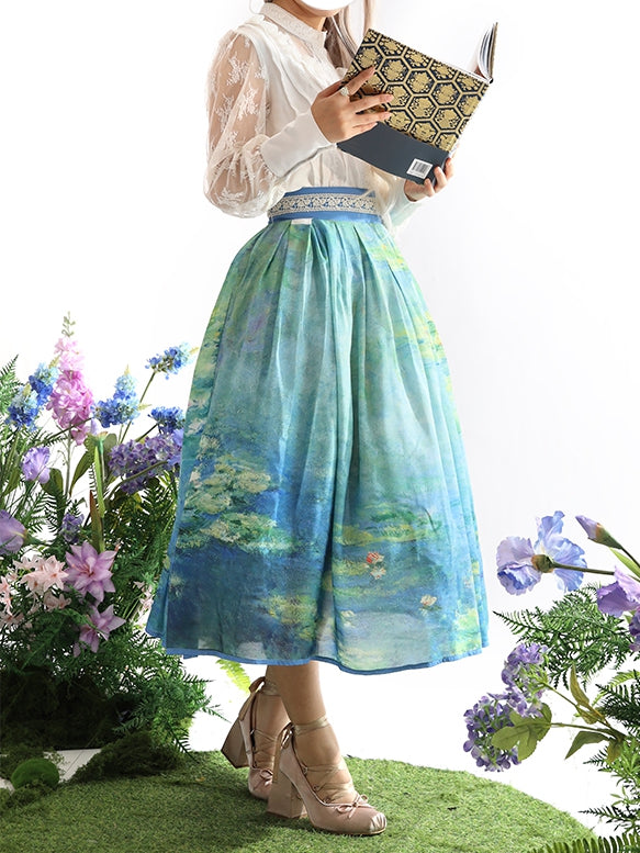 Lily Oil Painting Print Blue Green High Long/Short and Water Waist Skirt Version