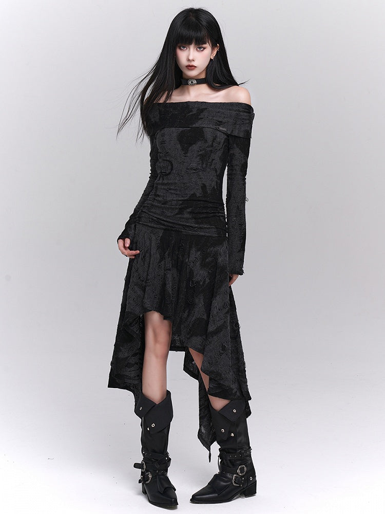 Hem Black Off-Shoulder with Bell Sleeves Dress Gothic Asymmetric Gray