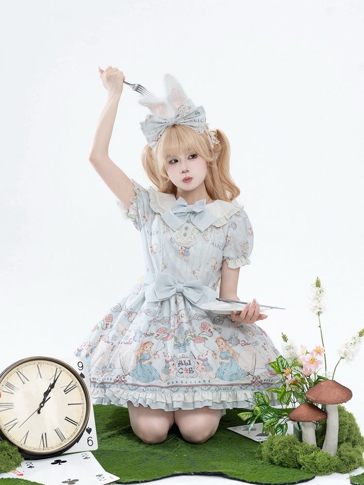 Dress Print One Piece Peter Sweet Blue Light in Wonderland Pan Theme Alice Lolita Collar
