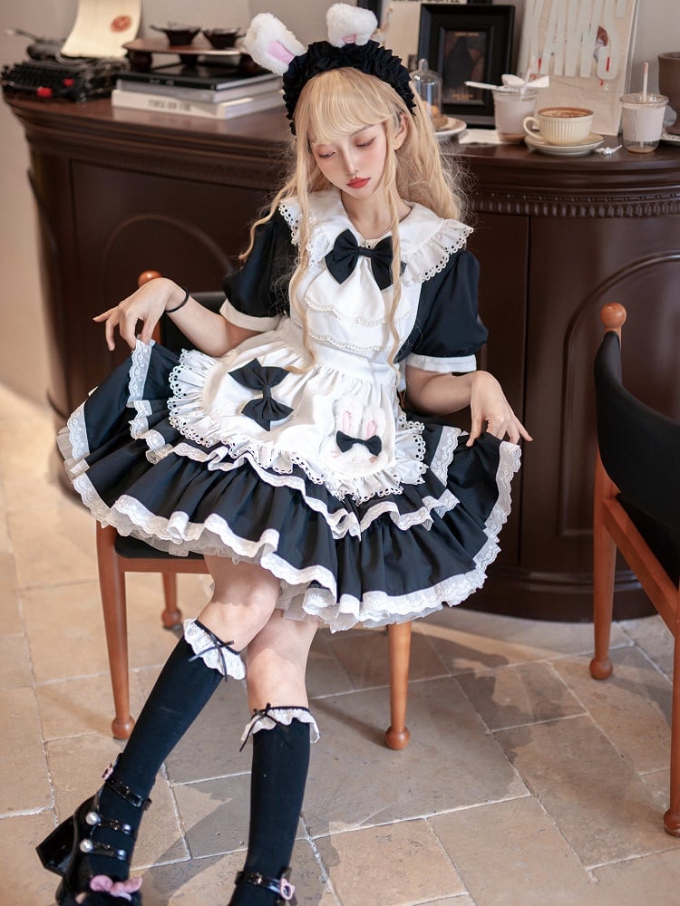 Rüschen Bunny Lolita und Kleid Weiß Schwarz Maid Thema Tiered