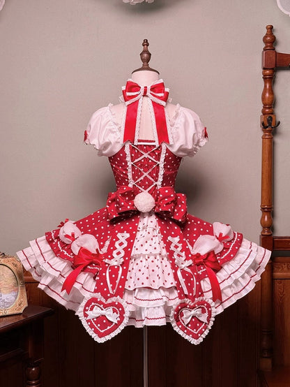 and Puff Dress Dot Sleeves School Polka Lolita Neck with Old Red Accents Halter Bow