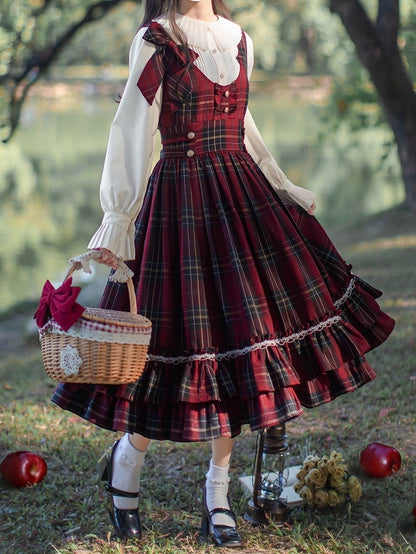 Schleife Overall Plaid Kleid Hohe Rote Taille Krawatte mit
