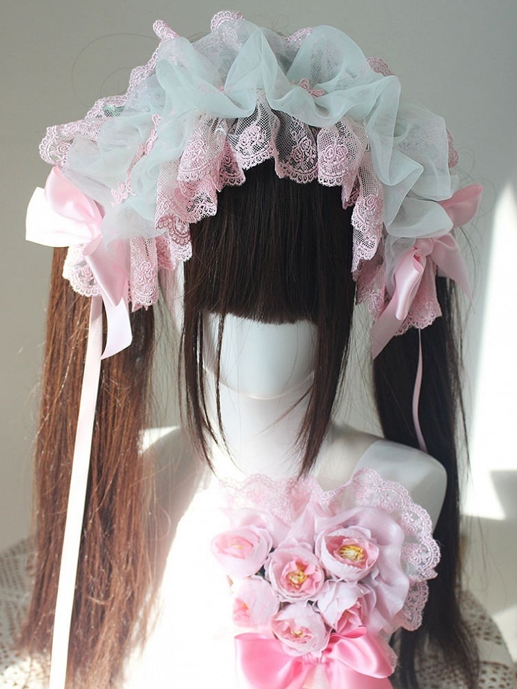 Green And Pink Bowknot Details Lace Trim Hairband
