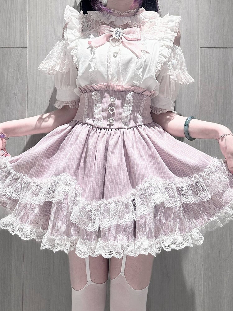 Pink & White Landmine Style Cutout Shoulder Short Sleeve Top with Rhinestone Bow and Lace - Virtual Paradise