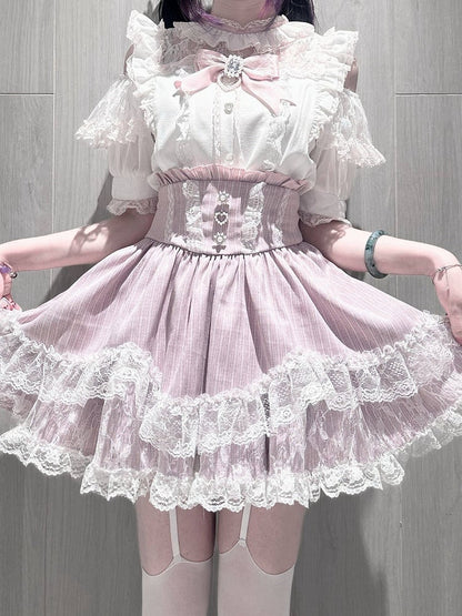 Pink & White Landmine Style Cutout Shoulder Short Sleeve Top with Rhinestone Bow and Lace - Virtual Paradise