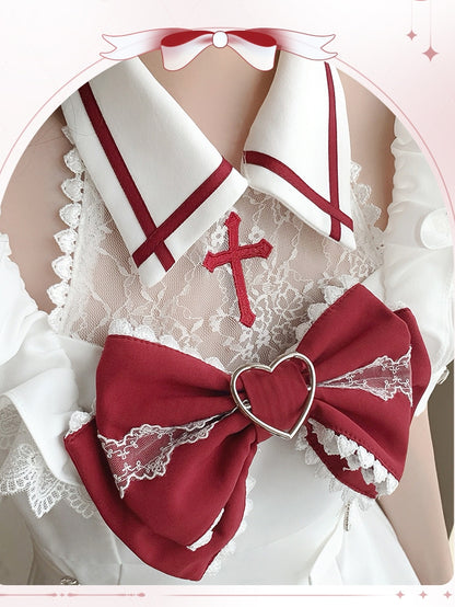 White Print Dress Lace Kawaii and Embroidered Skirt with Red Cross Shoulders Cutout Yami Heartbeat Halter