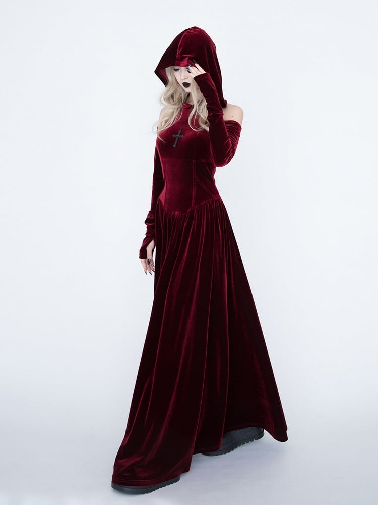 Dress Gothic Cutout Style Red Medieval Vampire with Shoulder Witch Velvet Hooded -